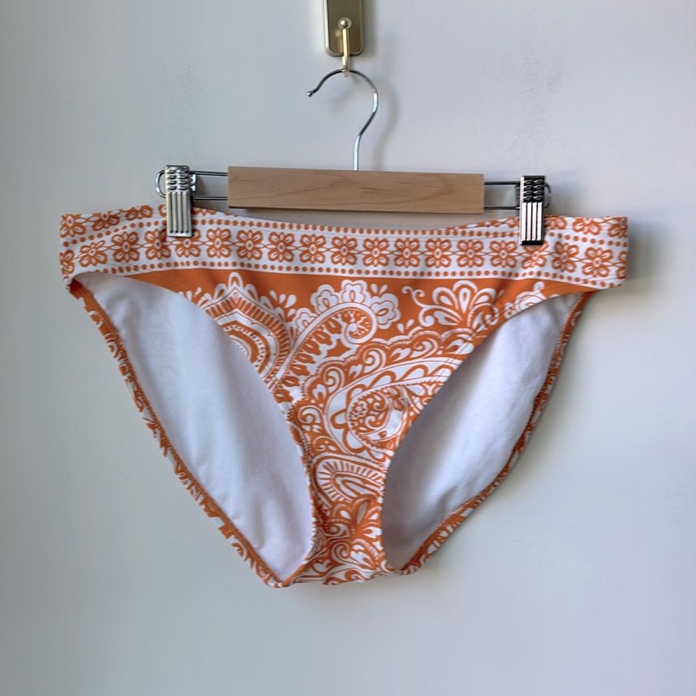 Athleta Bikini Bottom Paisley White & Orange, Lined, Beach, Swim, Cruise Size L